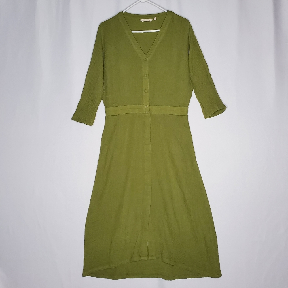 Soft Surroundings Gauze Dress Womens Small Midi Elbow Sleeve Green Cotton Pocket